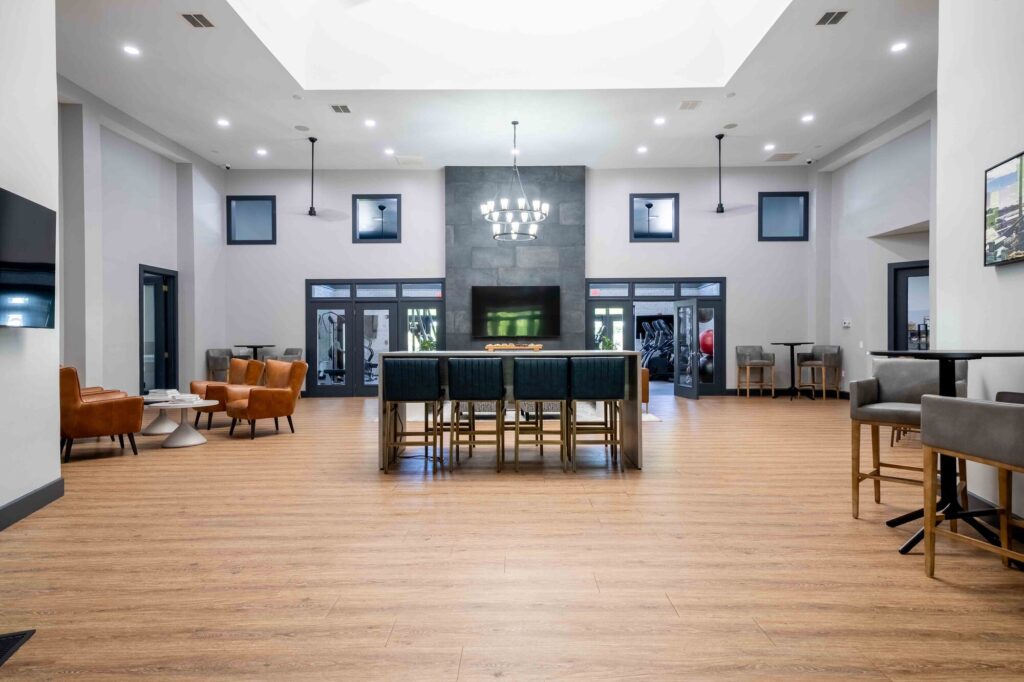 Clubhouse kitchenette with bar seating and coffee station