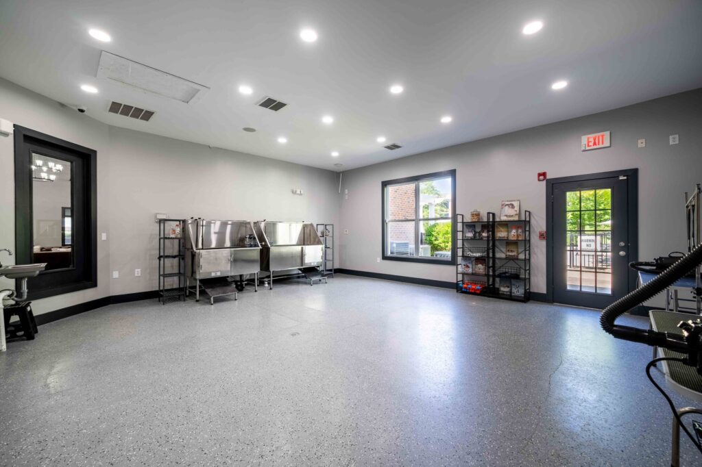 Pet wash station with large stainless steel tubs and hoses