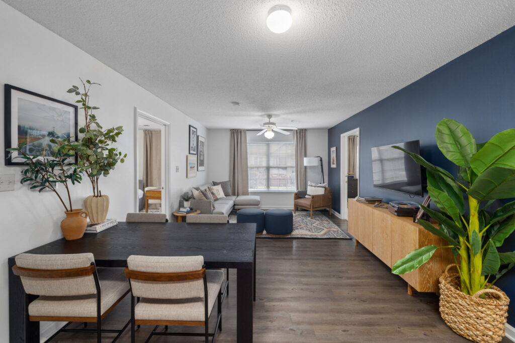 Open Living room with dining area